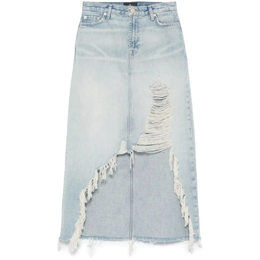 7 For All Mankind Distressed Asymmetrical Denim Maxi Skirt Size 27 - Picture 5 of 13
